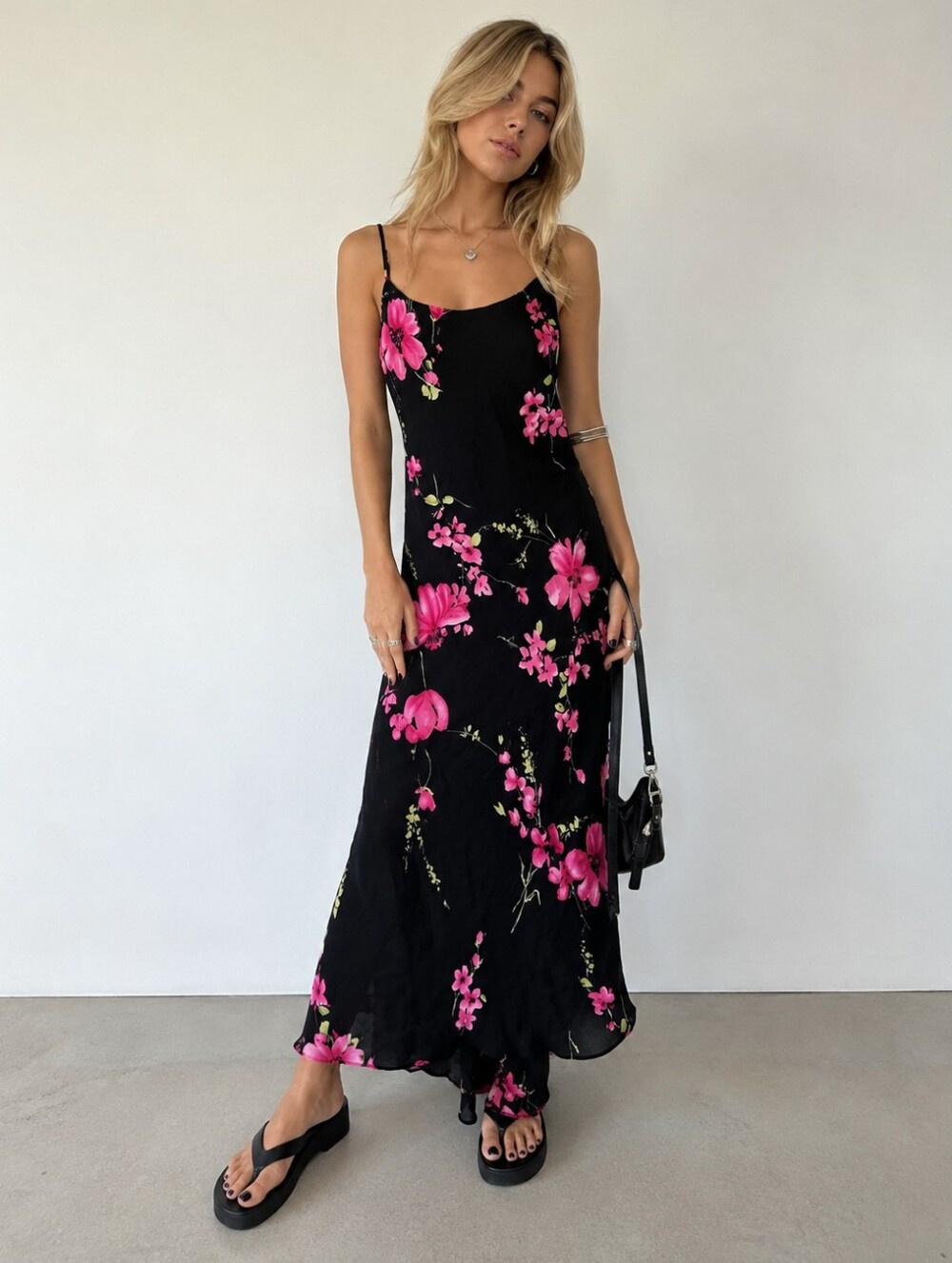 Vintage Y2K Fairweather Floral Slip Dress Size S Black Midi Sheer Overlay 90s